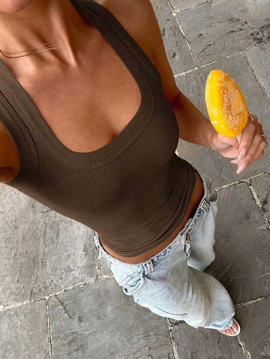 Camiseta sin mangas cuadrada Floreya para mujer, top casual de verano de ajuste ceñido sin mangas para capas, sencillo pero elegante, estilo deportivo, versátil para todas las estaciones en color blanco - Marrón - Ver 1