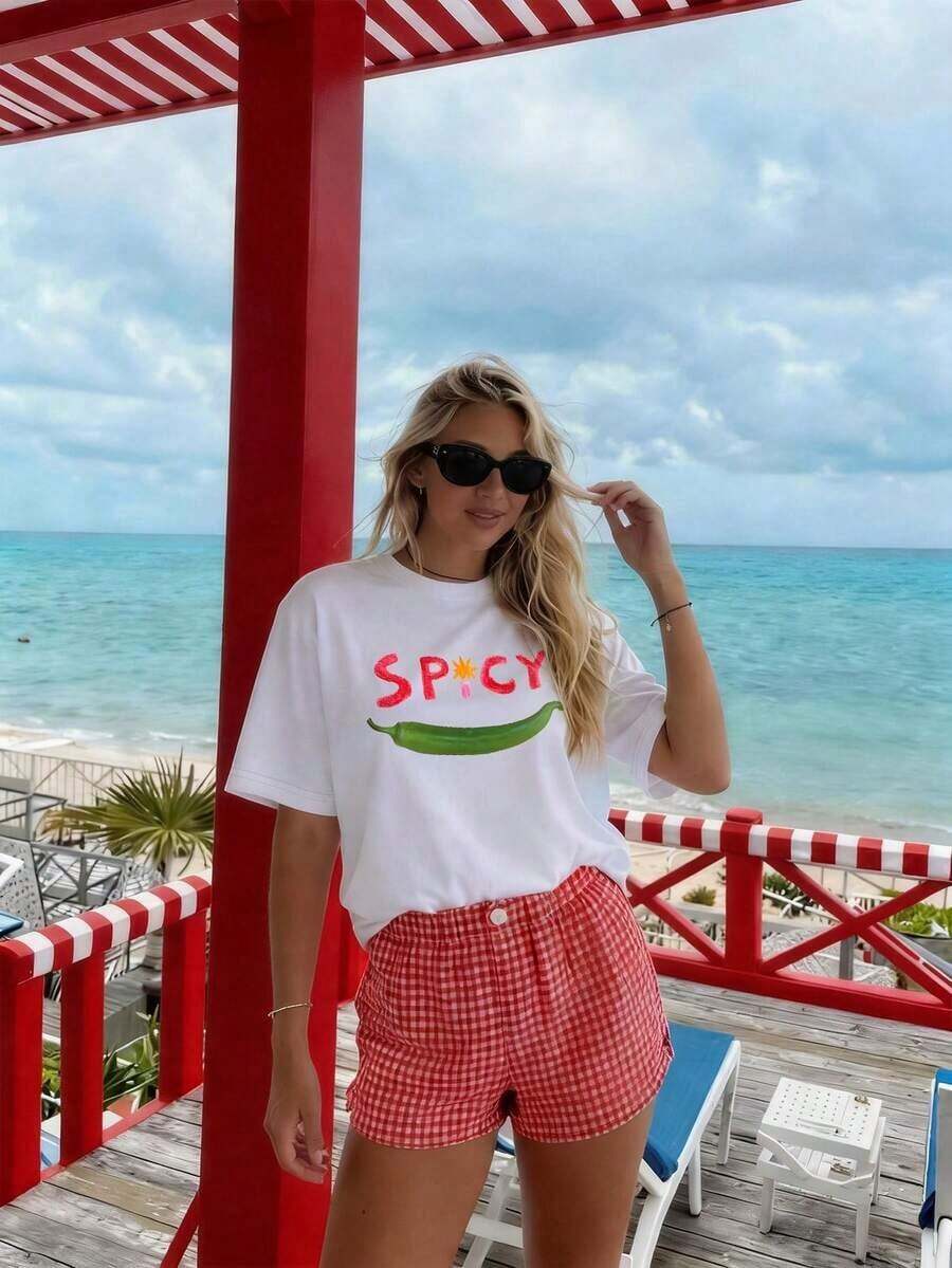 Camiseta de mujer, camiseta de manga corta con estampado gráfico de estilo casual urbano, top de verano lindo, camisetas gráficas divertidas, conjuntos atrevidos, camiseta graciosa, camiseta divertida, camiseta holgada, conjuntos de verano para mujer, camiseta fea. - Blanco - Ver 1