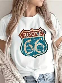 Camiseta de manga corta ligera y duradera con un gráfico de la Ruta 66, i para salidas informales, vies por carretera o cafeterías, con un uste cómodo y un estilo clásico - Blanco - Ver 2
