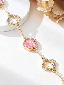 1pc Women's Elegant Luxury Shiny French Retro Sweet Pink Clover Hollow Anklet - Rhinestone Clover Anklet - View 4
