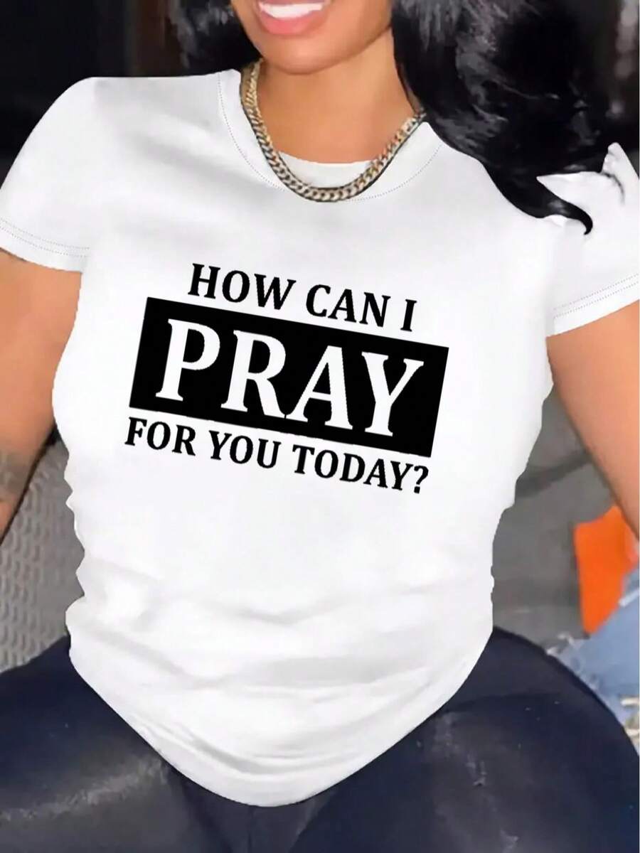 1 pieza de camiseta casual de cuello redondo para mujer |   Cómoda, suave y transpirable, de manga corta, con patrón geométrico, adecuada para todas las estaciones, tela de estilo urbano de 180g 100% algodón. - Blanco - Ver 1