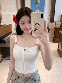性感系带蝴蝶吊带背心，女士新款夏季外套吊带背心，带胸垫，修身休闲打底衫 - 白色 - 查看 3