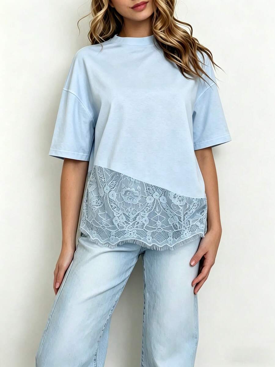 Spring New Solid Color Knit Fabric Lace Patchwork Short Sleeve T-Shirt, Casual, Sports, Office Wear For Spring/Summer - Clear Blue - View 1