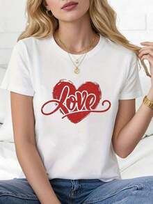 1 pieza de camiseta de mujer para el Día de San Valentín con estampado de corazón rojo - Blusa casual de manga corta y cuello redondo, de elasticidad media, ideal para primavera y verano, atuendos casuales y para citas nocturnas, lavable a máquina, top romántico, peso 180g, 100% algodón. - Blanco - Ver 7