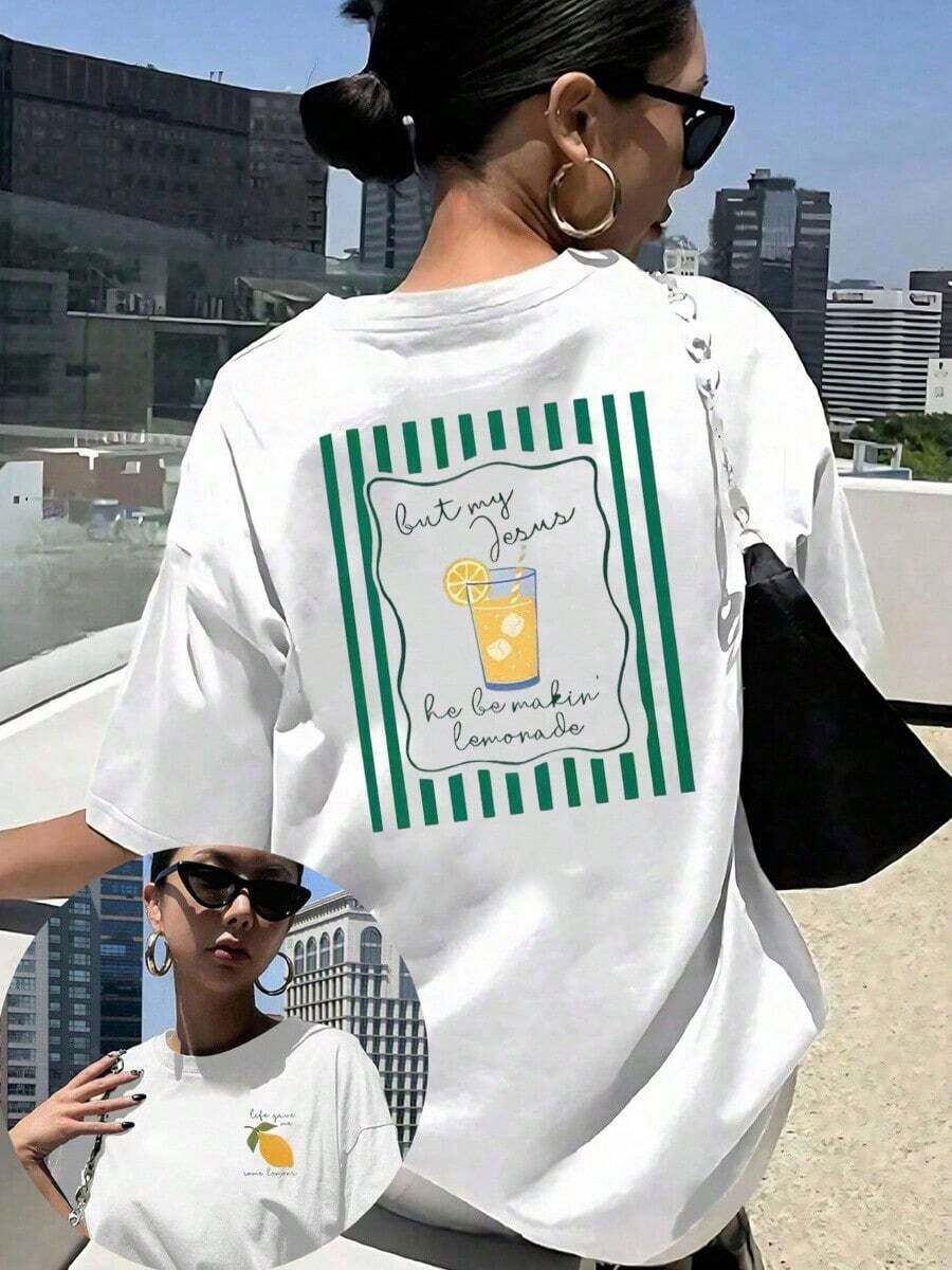 Vintage T-Shirts, 'Jesus Lemonade' T-Shirt, But My Jesus Is Making Lemonade, Women's Graphic T-Shirt, Casual Crew Neck Short Sleeve T-Shirt, Simple Style Graphic Print Sweatshirt - 白色 - 查看 1
