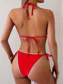 Swim Vcay - Conjunto de Bikini Triangular Sexy con Ribete de Encaje para Mujer, 2 Piezas, Conjunto de Bikini Halter con Tiras Simples para Vacaciones de Verano en la Playa - Rojo - Ver 2