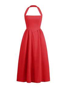 Đầm midi cổ yếm thanh lịch mùa hè Unadoll dành cho nữ, lưng hở, dáng chữ A, chất liệu pha linen, có túi, thích hợp cho kỳ nghỉ và tiệc brunch, màu đỏ. - Đỏ - Xem 3