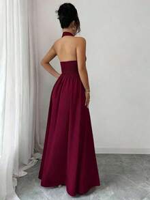 Elegante vestido sin mangas con cuello en V, diseño hueco en la cintura y pliegues, color morado, nueva llegada de primavera/verano - Burdeos - Ver 2