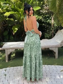 Đầm maxi nữ màu xanh lá cây kiểu boho in hoa điều, cổ chữ V sâu, xếp tầng, vạt bèo nhún, thích hợp cho kỳ nghỉ hè, đi biển hoặc dự tiệc thanh lịch. - màu xanh lá - Xem 5