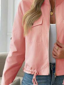 Women's Lightweight Stand Collar Bomber Jacket - Fashionable Zip-Up Flight Jacket With Decorative Front Pockets And Adjustable Drawstring Hem, An Ideal Casual Street Style Outerwear For Spring And Autumn. Pink - Pink - View 6