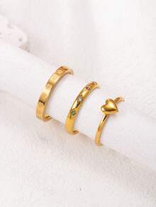 3pcs Fashionable Minimalist Stainless Steel Hollow Heart Diamond Inlaid Couple Rings Set, Suitable For Daily Wear, Holiday & Date Gift - Gold - View 15
