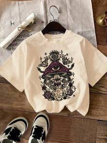 Blusas para mujer y playeras de mujer, Playera Talla Extra Unisex con Diseño Fantástico de Símbolos Ocultos y Elementos Surrealistas, Ojo Flotante, Hongos Mágicos, Calavera, Fases Lunares y Serpiente Mítica, Estilo Oscuro Cósmico, Top Casual de Talla Grande, blusas casuales para dama ideal para looks alternativos y uso diario - Blanco - Ver 6