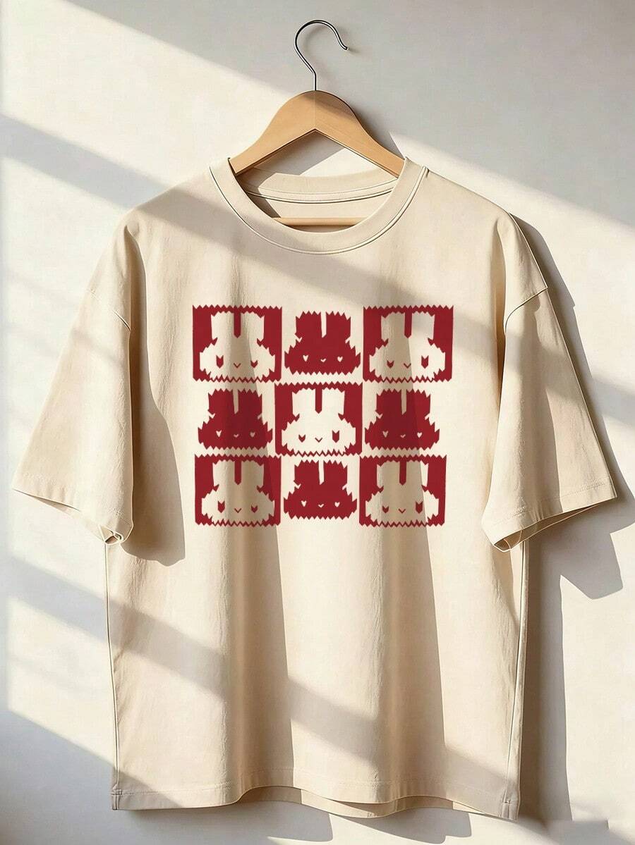 Short-Sleeve T-Shirt With Cute Rabbits In Retro Style, Fashionable Short-Sleeve T-Shirt For Spring And Summer 2026, Made In Mexico, 180 Grams. Cartoon Print, Couple Design, Suitable For Indoor Or Outdoor Wear. Crew Neck, Unisex, Ideal For Office And Leisure. One-Piece Pack. - APR-P631577SLNDXZGY408 - 查看 1