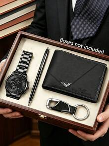 1pc/4pcs Set Business Men's Quartz Watch With Alloy Strap, Button Battery, Calendar, Quartz Watch, Pen, Wallet, Keychain, Best Gift For Father, Boyfriend (No Box) - Black - View 14