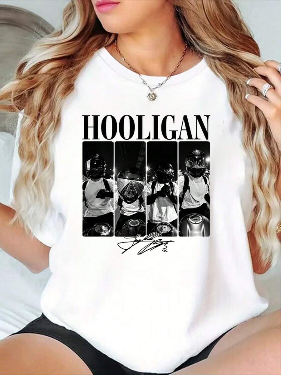 Hooligan-Themed T-Shirt In American Biker Style, Simple And Versatile Design - Women's Short-Sleeved Crew Neck T-Shirt, Soft, Loose Fit, A Must-Have For Spring And Summer Fashion. Cotton T-Shirt. - 白色 - 查看 1