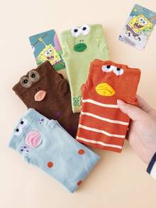 SpongeBob SquarePants 2/4 Pairs Random Color Funny Expression Pattern Casual Mid-Calf Socks, 3D Lip Striped Design Durable Breathable Campus Street Style Socks - Multicolor - View 3