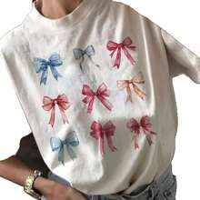 Ropa de mujer para verano y primavera, top casual de manga corta con cuello redondo, camiseta con estampado de lazo. - Blanco - Ver 6