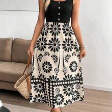 Women's Vacation Style Printed Patchwork Sleeveless Bodycon Dress Orange Vacation Dress Orange Beach Dress Orange Summer Dress Orange Sundress Women Dresses Orange Spring Dresses Dresses For Women Orange Dresses Floral Print Dresses Midi Dresses - Blanco y Negro - Ver 4