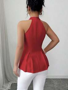 Camisa sin mangas con cuello en V, abotonada, con pliegues a la cintura y línea A, casual y elegante, adecuada para la oficina, vacaciones, primavera/verano - Rojo - Ver 2