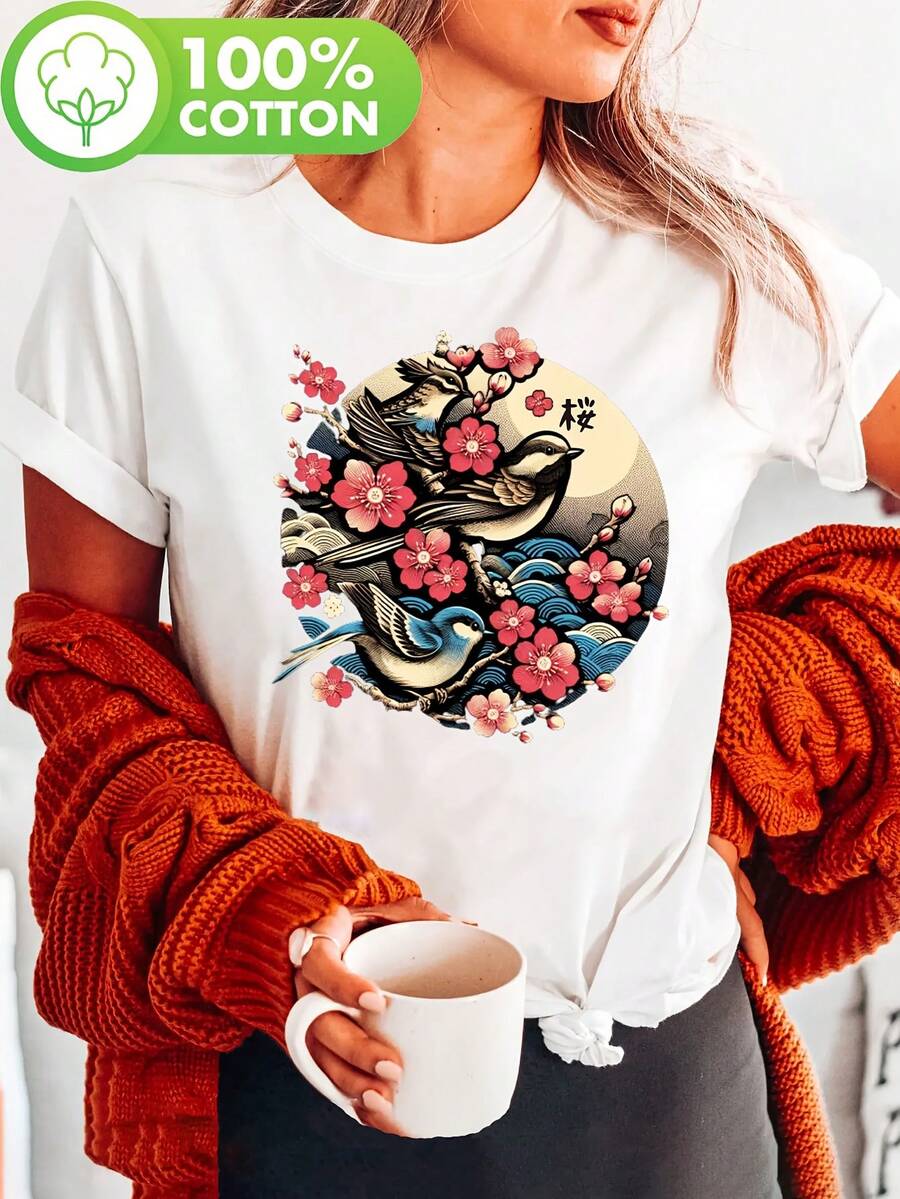 Camiseta de manga corta con cuello redondo y diseño casual de flores de cerezo japonesas con tres pájaros, estampado de madera japonesa, estilo Y direccional, ropa de mujer para verano y primavera