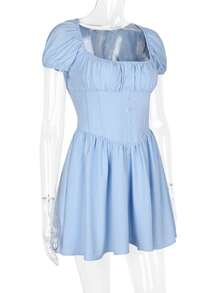 Vestido mujer cuello cuadrado manga burbuja con hueso moldeador, estilo dulce y sexy, corte ajustado - Azul - Ver 7