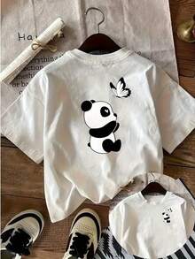 Printed T-Shirt With Cartoon Panda And Butterfly Design On Both Sides, Casual Short-Sleeved Top With Round Neck And Print On The Front And Back, Suitable For Summer And Spring, Short-Sleeved Top, Women's Clothing - Unisex Loose Cotton T-Shirt In Urban Vintage Style With Round Neck And Short Sleeves. - 白色 - 查看 12