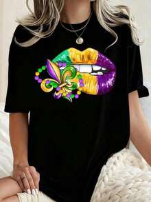 Camiseta de manga corta con cuello redondo y estampado gráfico de corte holgado para mujeres de talla grande, con labios de color, flecha de lis y cuentas. Prenda versátil, adecuada para todas las estaciones, camiseta unisex de manga corta, perfecta para salir y como regalo de Navidad. - Negro - Ver 5