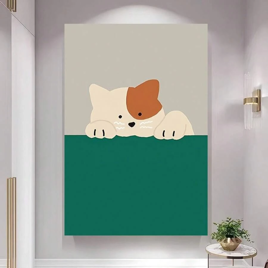 Enmarcado 1 pieza de pintura moderna decorativa sobre lienzo con marco - Encantador gato blanco asomándose tras un fondo verde, colores s, ideal para la decoración de paredes de la sala de estar, dormitorio, oficina en casa, listo para colgar, lienzo para pared - Enmarcado - Ver 1