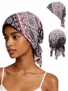 CONFLASS Red Floral Bohemian Style Black & White Floral Pre-Tied Headband - Soft, Comfortable Stretchy Headwrap With Tails, Breathable Hair Care, Suitable For Sleeping, Chemotherapy And Muslim Fashion - Multicolor - View 22