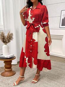 Vestido de mujer tipo camisa de largo maxi con botones frontales, cintura con lazo y estampado floral - Albaricoque - Ver 7