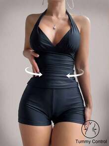 Swim Basics Conjunto de tankini de color liso y sencillo con cuello halter para vacaciones de verano en la playa - Negro - Ver 1