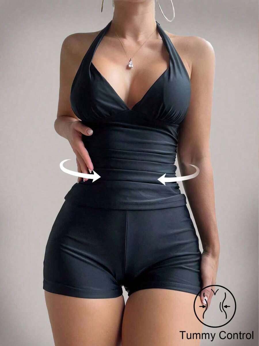 Swim Basics Conjunto de tankini de color liso y sencillo con cuello halter para vacaciones de verano en la playa - Negro - Ver 1