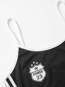 Áo tank top hai dây nữ phong cách Y2K, họa tiết ngôi sao và chữ cái, viền tương phản, thích hợp cho mùa hè. - Đen và trắng - Xem 3