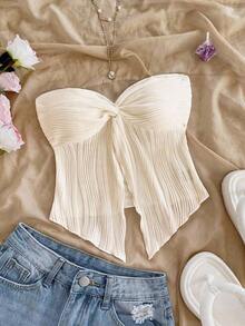 Top bandeau casual y sexy de tela con textura y corte con retorcido para vacaciones - Albaricoque - Ver 8