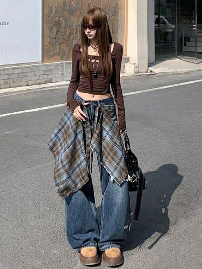 1 Pc Fashionable Of Layering With Double-Colored Checkered Flannel Pants, With Waist Decoration, High-Waisted Strap-Style Combination Of Shorts And Jeans. Various Types Of Pants Are Suitable. Pants Decoration, Fashionable, Elegant And Simple Hair Accessories Are Suitable For Daily Outings, Daily Use And Outdoor Activities.