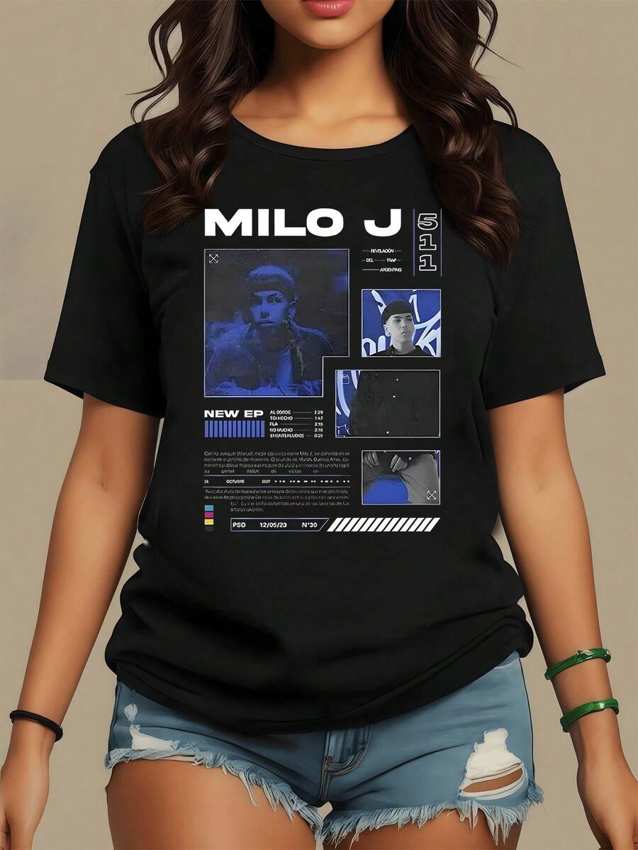 Abstract Graphics With Blue Figures And Modern Text Representing The Connection Between Music And Technology In A Contemporary Urban Setting. Women's Casual Modern T-Shirt With Eye-Catching Digital Art, Perfect For Everyday Wear. - Black - View 1