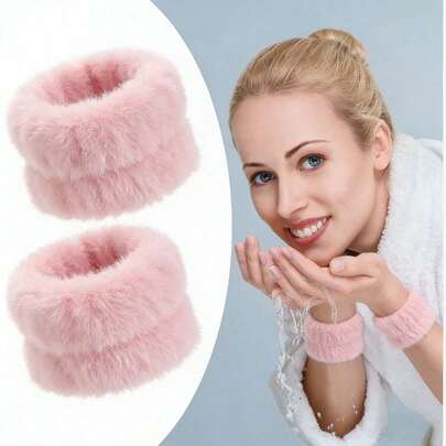 1 Pair Pink Fluffy Wristbands For Face Washing, One-Size Fits All, Water Absorbent & Leak-Proof Design, Ultra-Soft Faux Fur/Plush Fabric, Sweet Minimalist Style, Solid Pastel Pink, Circular Cuff Shape, Reusable Bands To Prevent Water From Rolling Down Arms, Ideal For Skincare, Makeup Removal, Bathing And Daily Facial Care