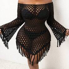 Plus Size Off-Shoulder Fringe Knitted Cover-Up For Summer Beach Vacation - Blanco - Ver 2
