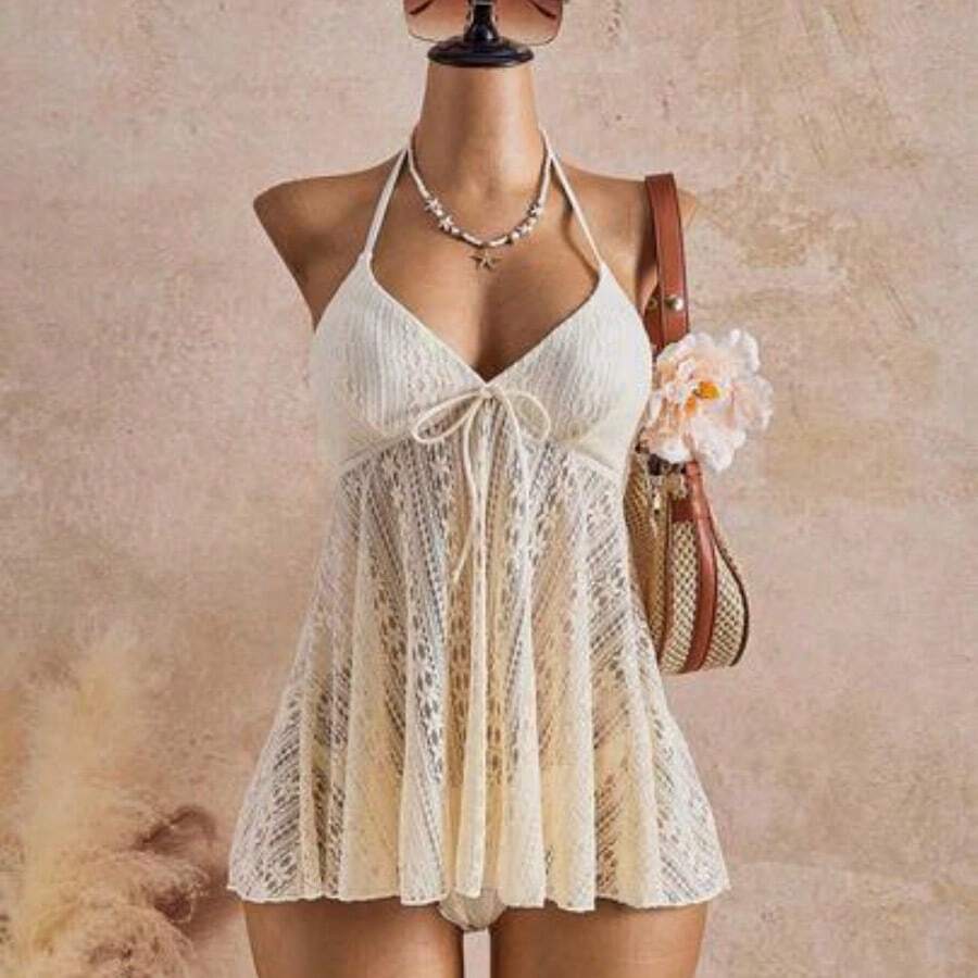 Women's Floral Lace Front Tie Halter Beach Dress With Bikini Bottom - Albaricoque - Ver 1
