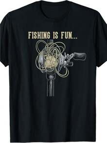 Camiseta Casual Estampada |   Diseño Gráfico "La Pesca Es Divertida", Camiseta de Cuello Redondo de Corte Holgado, Unisex, Apta para Todas las Temporadas, Lavar a Mano Solamente. Una camiseta de manga corta adecuada para el hogar, uso diario, fiestas y viajes-perfecta como regalo para amigos o familiares. - Negro - Ver 1