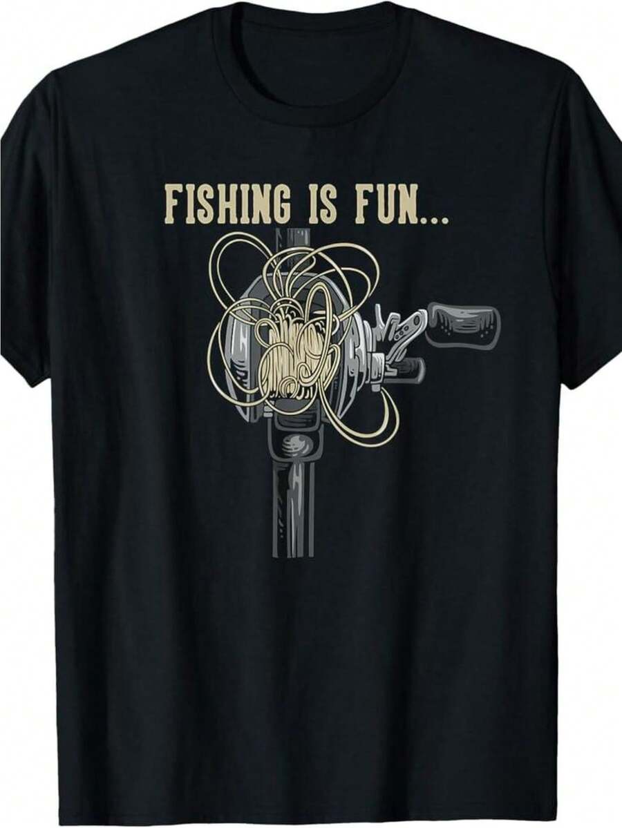 Camiseta Casual Estampada |   Diseño Gráfico "La Pesca Es Divertida", Camiseta de Cuello Redondo de Corte Holgado, Unisex, Apta para Todas las Temporadas, Lavar a Mano Solamente. Una camiseta de manga corta adecuada para el hogar, uso diario, fiestas y viajes-perfecta como regalo para amigos o familiares. - Negro - Ver 1