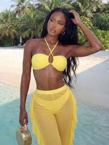 Swim Conjunto de bikini separado de 3 piezas, inalámbrico, para verano 2025 - Amarillo - Ver 1