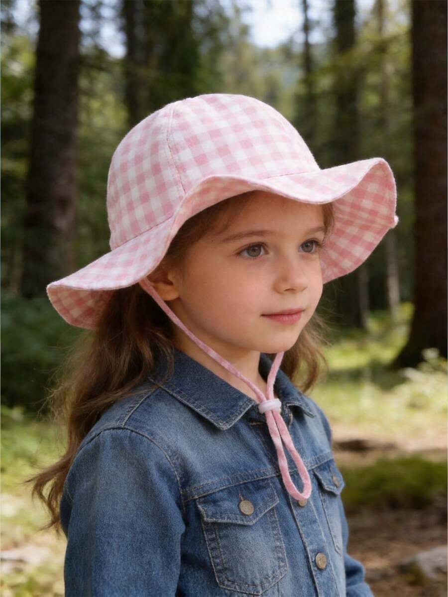 1pc Kids Pink Plaid Sun Hat, Adjustable Baby Girl Hat, Infant Summer Beach Bucket Hat, Girls Summer Sun Protection Bucket Hat - Multicolor - View 1