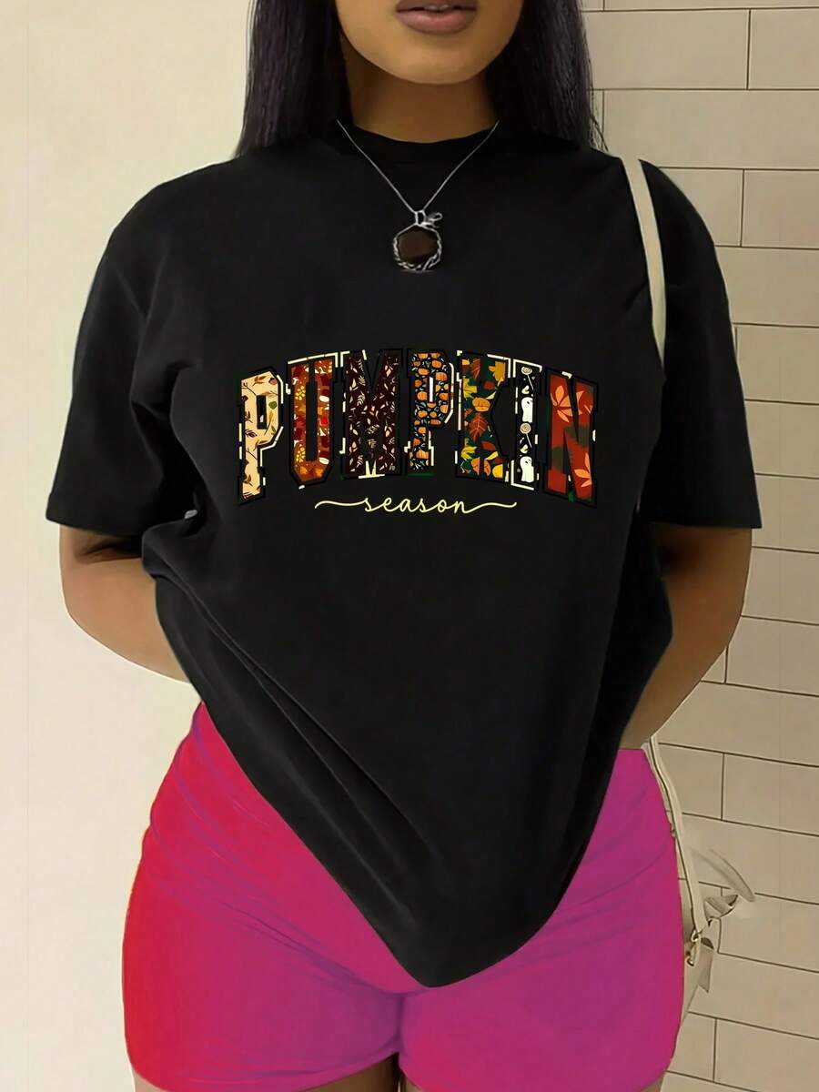 Camiseta estampada de talla grande, camiseta estampada de temporada de calabazas, top casual holgado de otoño, camiseta de manga corta con cuello redondo para mujer, atuendo para fiesta de Halloween. - Negro - Ver 1