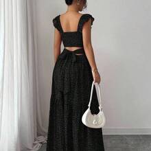 French Elegant Casual Vacation Square Neck Lotus Leaf Flying Sleeves Polka Dot Print Texture Plaid Woven Chiffon Material Back Tie Pleated Large Skirt Spring And Summer Red Women Dress Summer Summer Women Skirt Long Skirt Vacation Dress Women Polka Dot Dress Elegant Women Dress Women Summer Dress Red Dress Flowing Skirt Summer Dress - Albaricoque - Ver 10