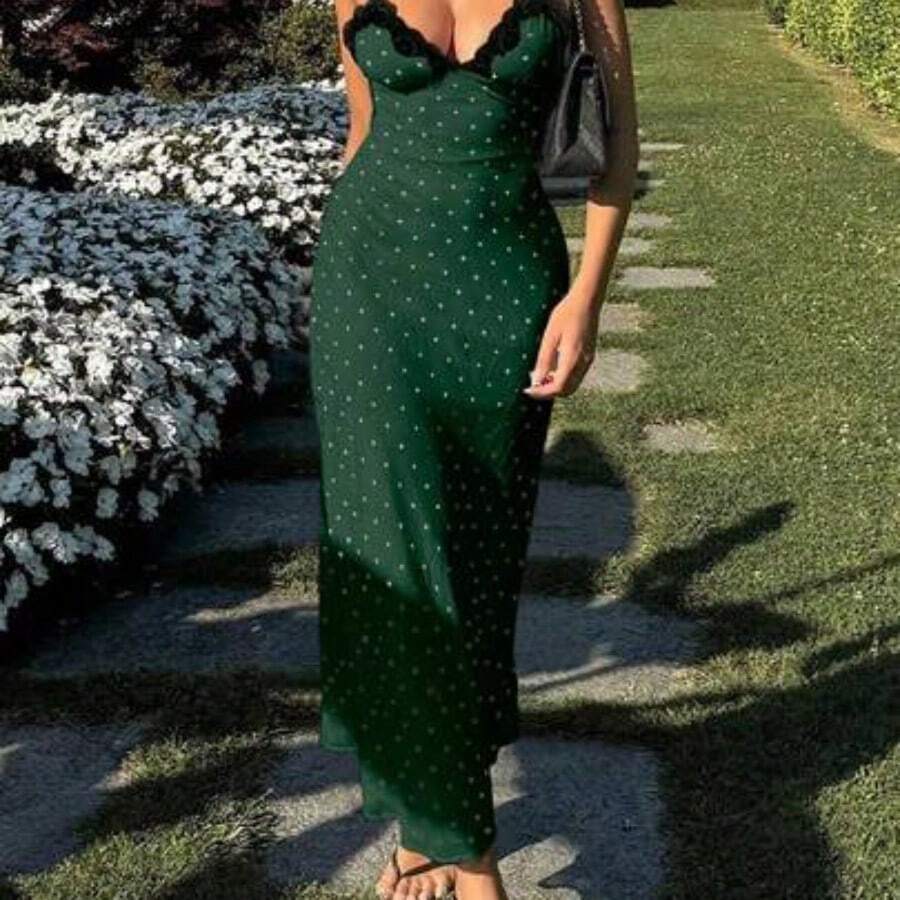 Yuwenier Elegant Romantic A-Line Satin Polka Dot Print Maxi Dress, Lace Patchwork Spaghetti Strap, Open Back, Suitable For Valentine's Day, Music Festival, Beach Holiday Black Summer - Verde - Ver 1