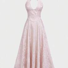Elegant Date & Resort Romantic Textured Print V-Neck Waisted Flare Midi Dress Party Summer - Rosa coral - Ver 7