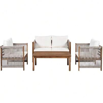 Living Room Set, Garden Furniture Set, With Comfortable Cushions, Seating Group, Patio Furniture Set, Double Sofa, 2 Armchairs And Table, Outdoor, Table And Chairs, Rattan Look, Acacia, Grey, [OLD SKU 30016970AAE]