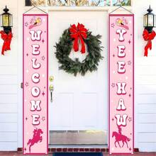 1 Par de Dísticos Estilo Cowboy Ocidental Rosa, Feitos de Material de Poliéster, Impressos com as Palavras "BEM-VINDO" e "YEE HAW", Acompanhados de um Chapéu de Cowboy e Imagem de Fundo de Montaria a Cavalo, Adequados para Festas com Tema Ocidental, Decorações de Alpendre, Etc. - A - Ver 8