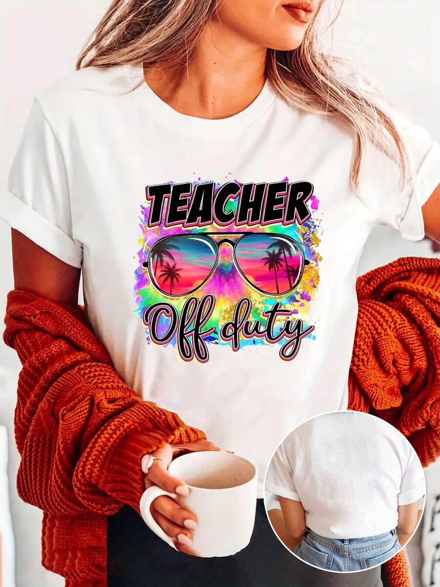 Women's 100% Cotton T-Shirt With Teacher's Day Print, Round Neck, Short Sleeve, Casual Top For Summer And Spring, Women's Clothing. Lightweight, Breathable, A Summer Hit. - 白色 - 查看 1